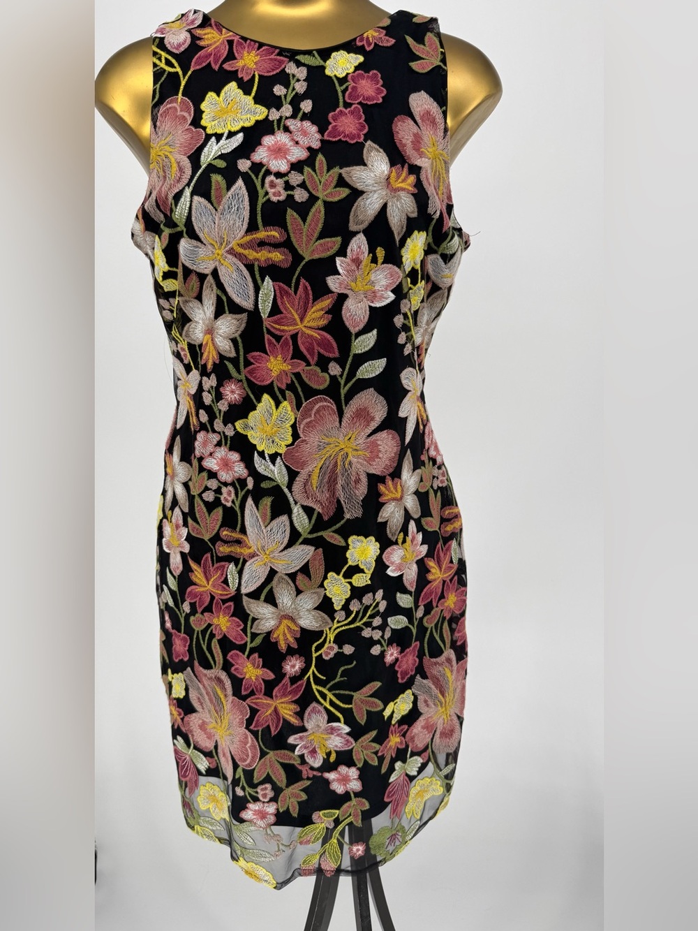 Sam Edelman Floral Embroidered Black Sheath Dress - Pink & Yellow Accents Size 8